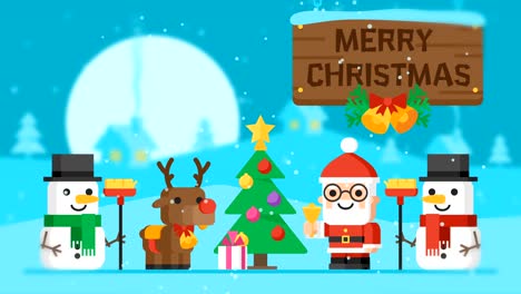 merry christmas concept santa claus reindeer snowmen and christmas tree