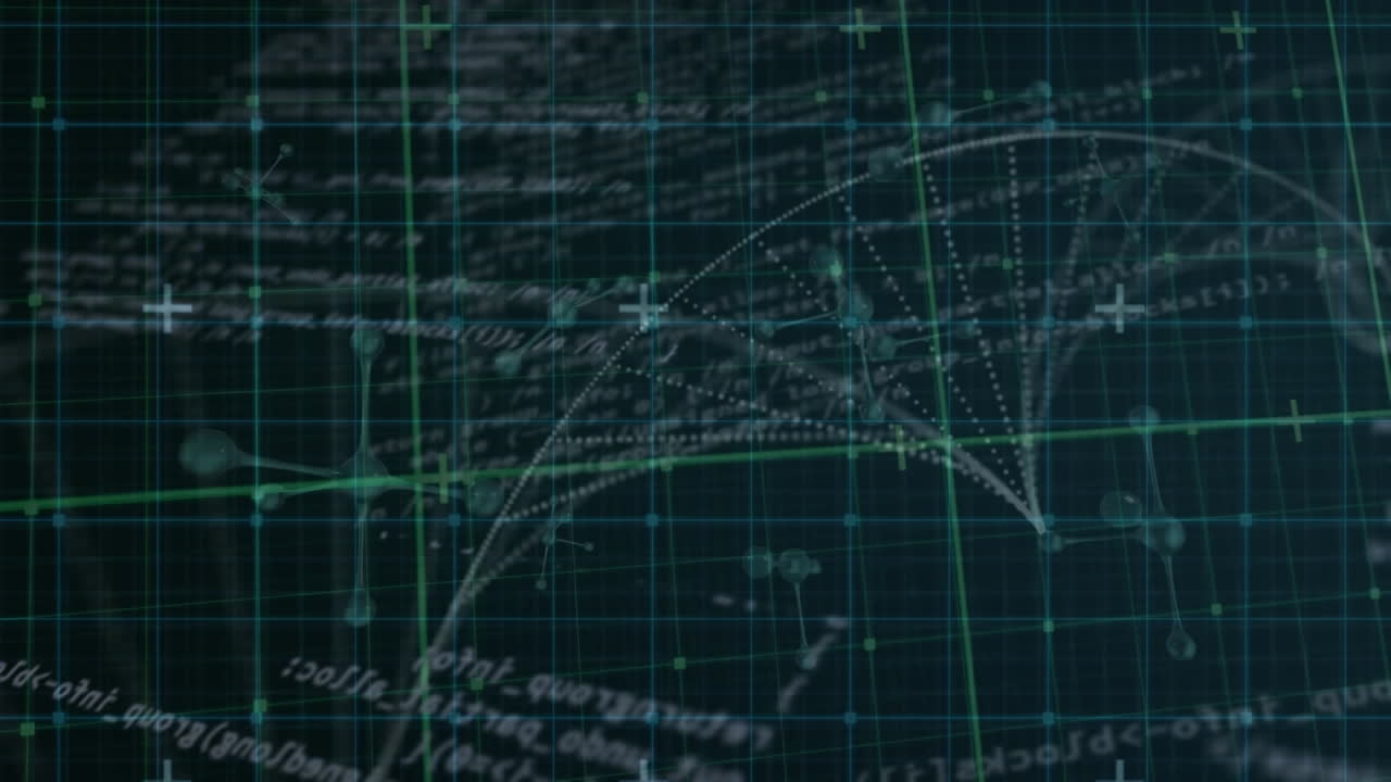 una interfaz azul con cadenas de adn, moléculas y animaciones de procesamiento de datos