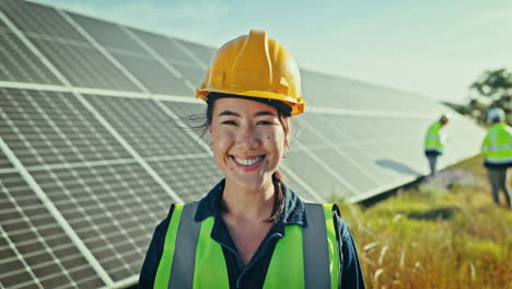 Face-of-woman-at-solar-panel-farm-for-clean