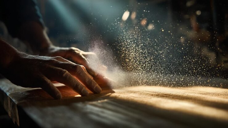 Meisterhafte Handwerkskunst in der Holzbearbeitung: Ein erfahrener Handwerker poliert mit Präzision und Sorgfalt ein wunderschönes Werkstück und erzeugt eine fesselnde Darstellung von Staubpartikeln im weichen, diffusen Licht