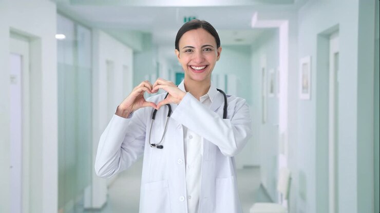 doctora india feliz mostrando el signo del corazón