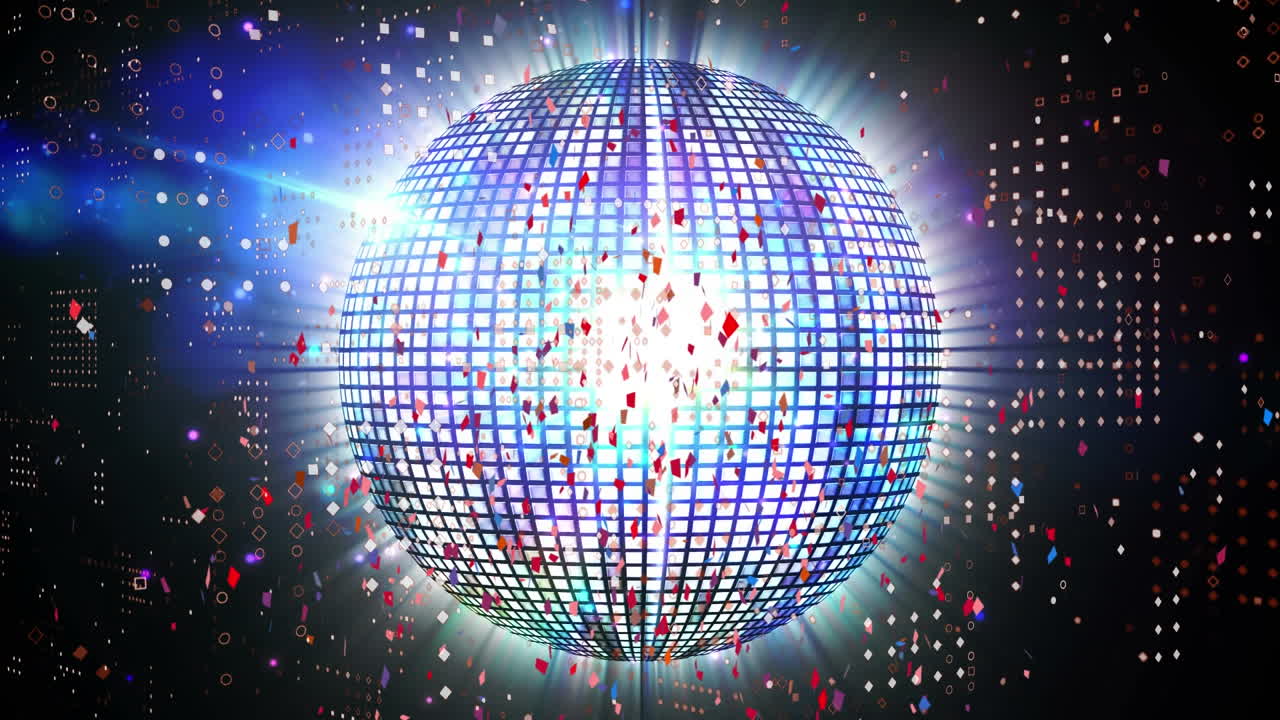 赤,白,青のコンフェッティのアニメーションが黒い背景で回転する鏡のボールの上に落ちる