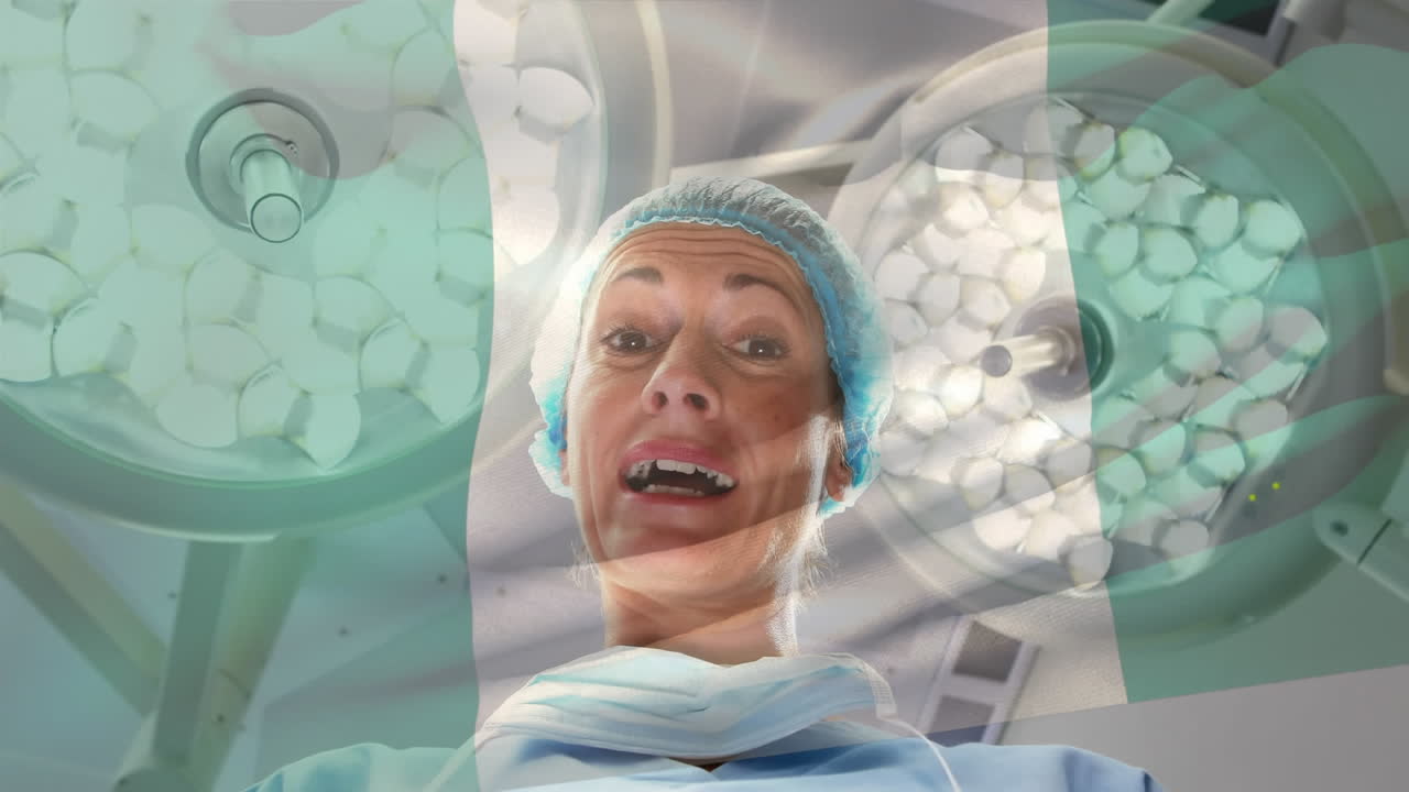 나이지리아 국기가 수술실에서 마취과 의사 위에 흔들리는 애니메이션