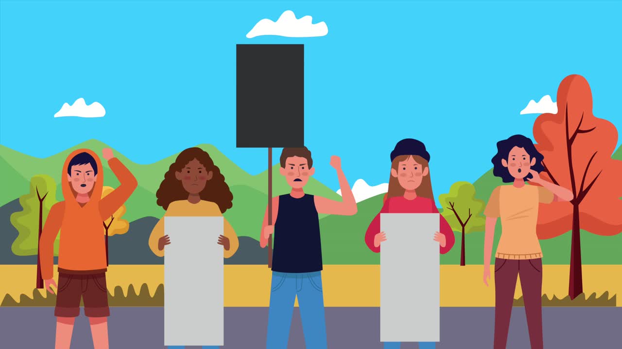 인종 간의 사람들이 캠프 캐릭터에 배너를 들고 시위를 하고 있습니다.