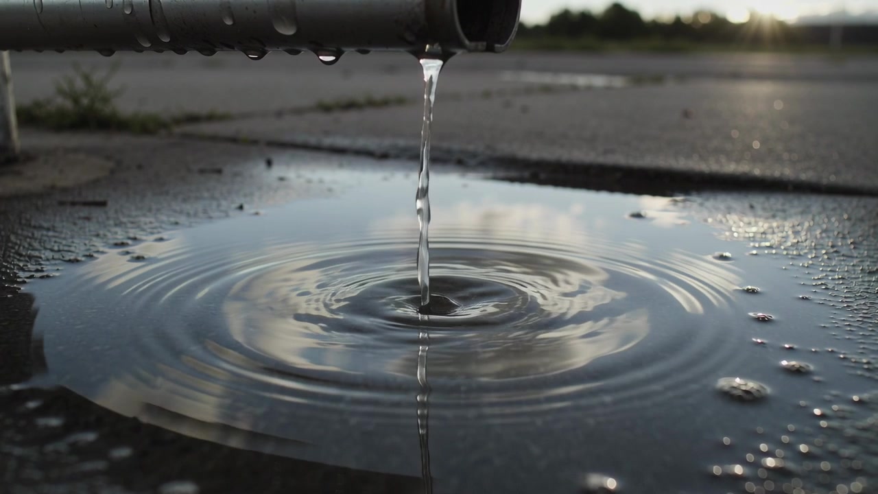Dripping from low metal pipe, stream striking slab puddle, making circular ripples reflecting sky