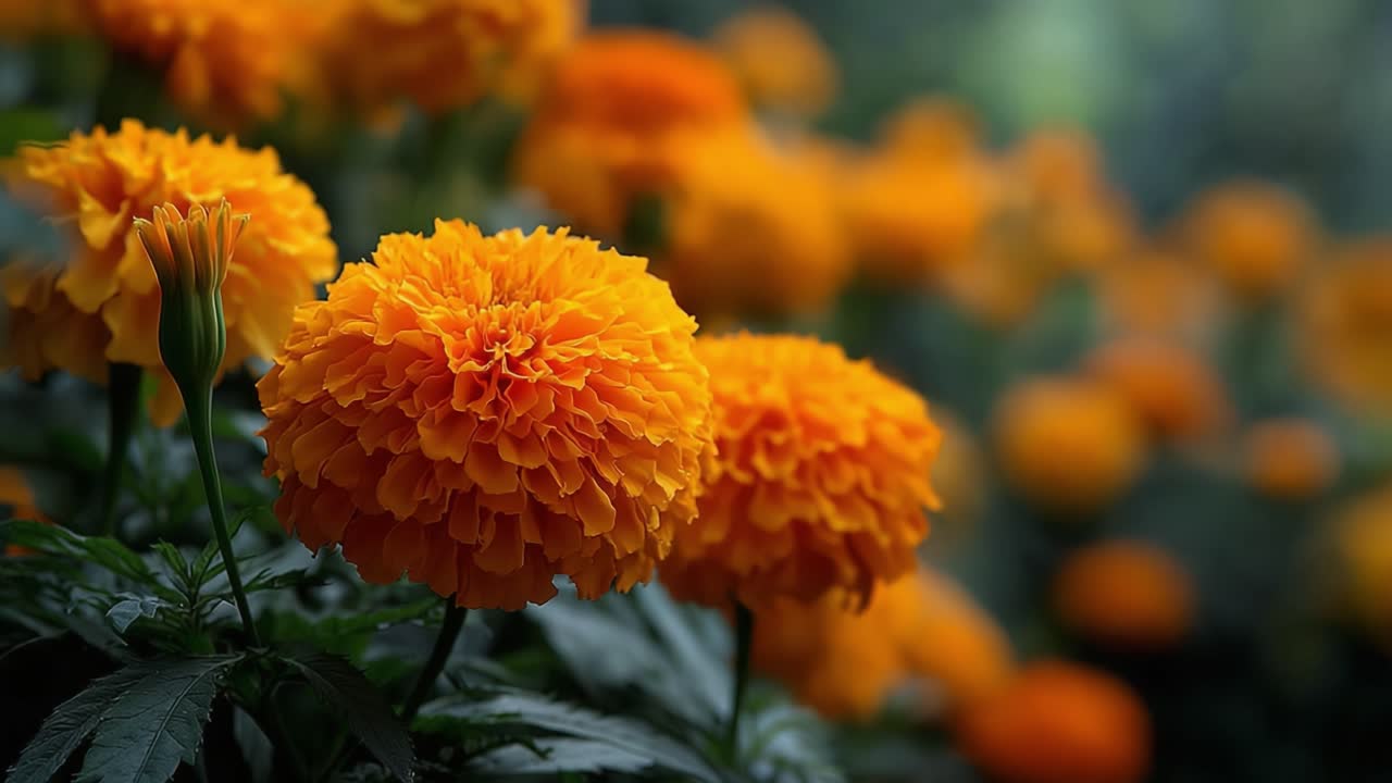 Vivaci fiori di calendula in piena fioritura, che mostrano il loro colore arancione brillante e i petali arricciati, creando una scena da giardino mozzafiato e allegra per ispirare gli amanti e gli appassionati della natura.
