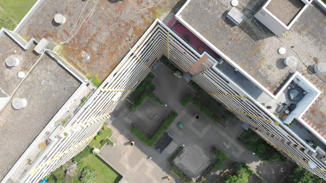 aerial top view of multistory apartment building rooftop, Heidelberg, Germany