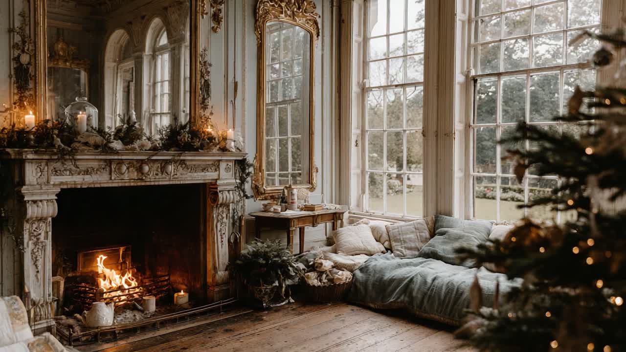 An Elegant and Cozy Living Room with a Classic Fireplace, Inviting Furnishings, and Nature Views, Perfect for Relaxation and Gatherings