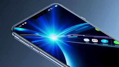 close-up view of a modern smartphone displaying dynamic abstract blue wallpapers and app icons