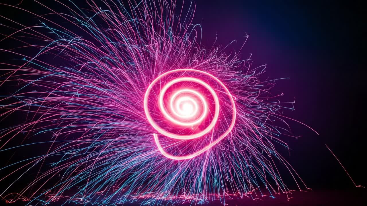 A mesmerizing display of colorful lights spiraling in vibrant patterns, showcasing an artistic interpretation of dynamism and creativity through firework trails at night