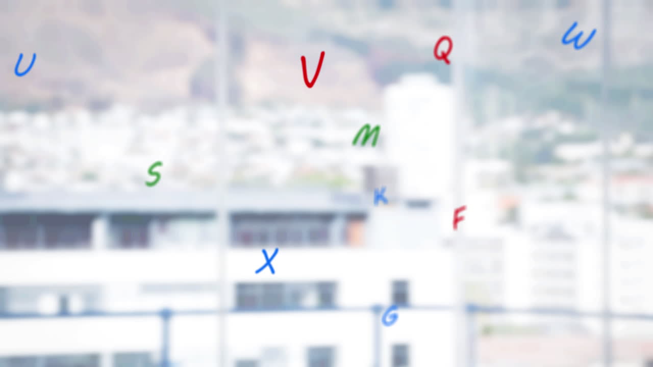 도시 풍경 위에 떨어지는 글자의 애니메이션