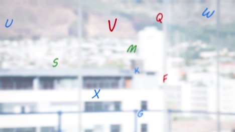 animación de letras que caen sobre el paisaje urbano