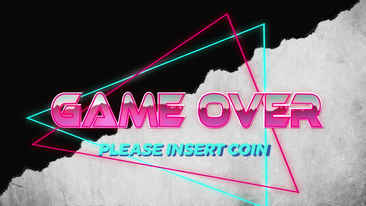 Animazione di testo 'game over' e forme su sfondo grigio