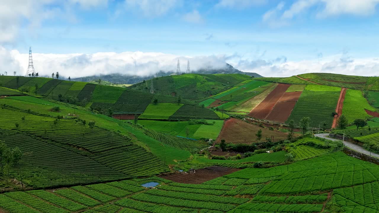 Timelapse view of lush tea plantations and colorful farmlands across rolling hills, with dappled sunlight and clouds passing over misty mountains, creating a dynamic and captivating landscape
