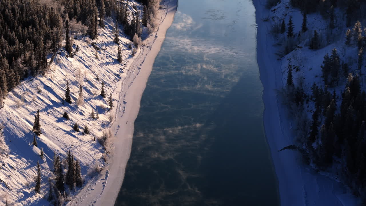 Yukon River During Winter In Lake Laberge, Yukon Canada. Aerial Shot