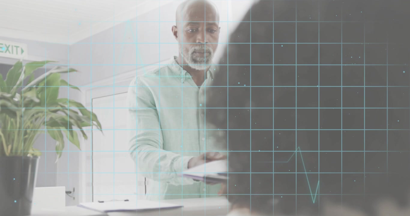 Grid overlay appearing consultant retrieving folder sharing financial report as chart animating