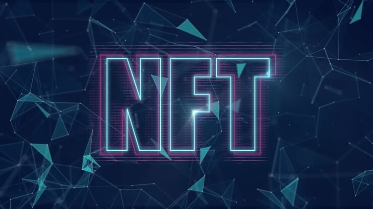 Animazione digitale di un banner di testo NFT al neon su reti a plesso su sfondo blu