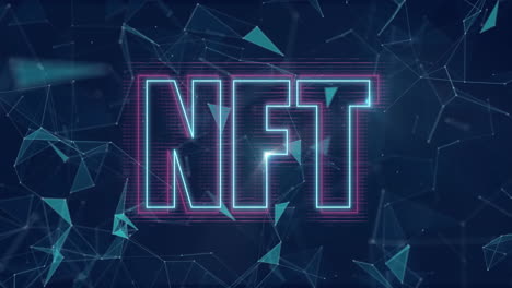 animación digital de banner de texto de neón nft sobre redes plexus contra un fondo azul