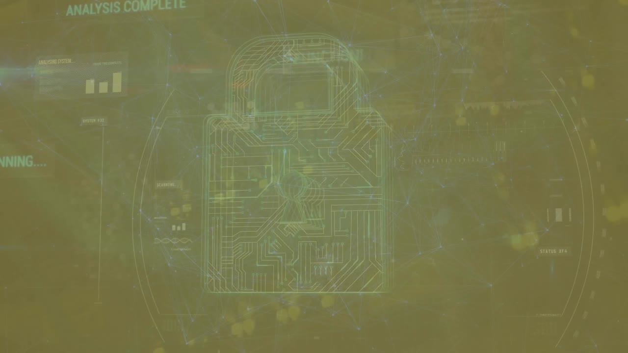 Animation of lock with circuit board patterns in circle with scanning, analysis and functioning text