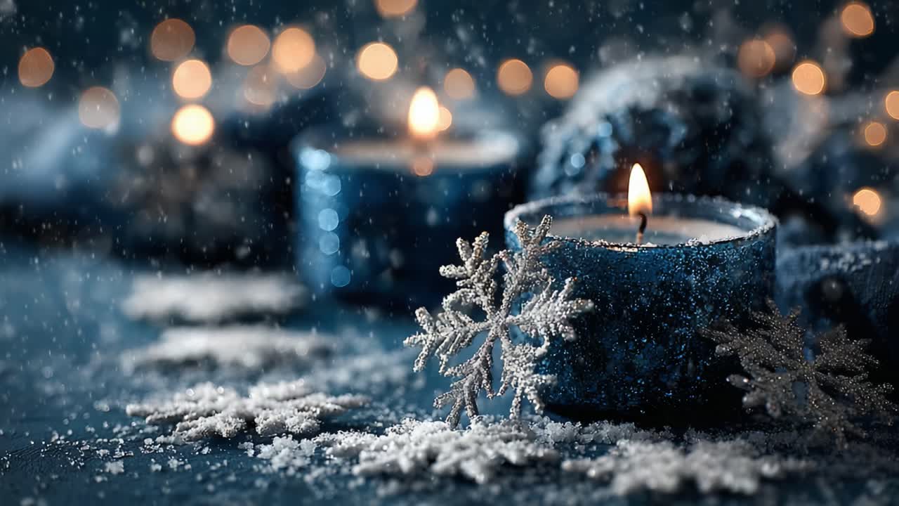A Serene Winter Scene Featuring Glimmering Blue Candles and Snowflakes Illuminated by Soft, Warm Light, Creating an Atmosphere of Tranquility and Cozy Celebration