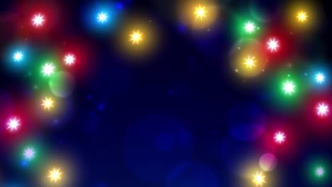 luces de navidad coloridas animadas. feliz navidad feliz año nuevo tarjeta de felicitación de vacaciones. luces brillantes sobre fondo azul. guirnalda de navidad brillante. diseño de estandarte de fiesta de navidad de vacaciones. bucle sin costuras