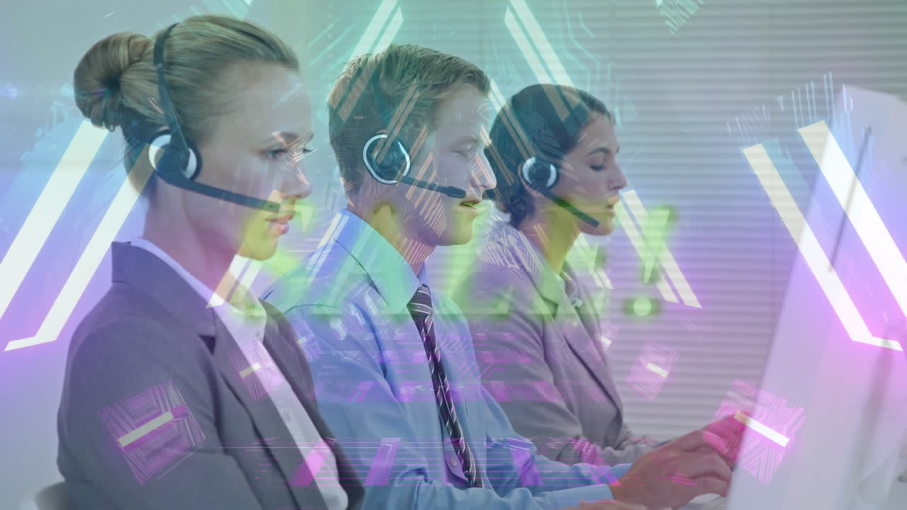 전화 헤드 ⁇  을 사용하는 사업가 들 위 에 빛나는 네온 터널 의 애니메이션