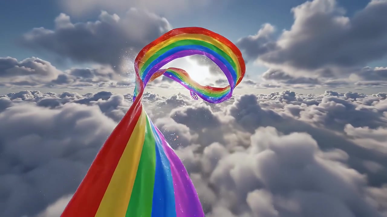 Abstrakt regnbuebånd, der flyder gennem skyer på himlen