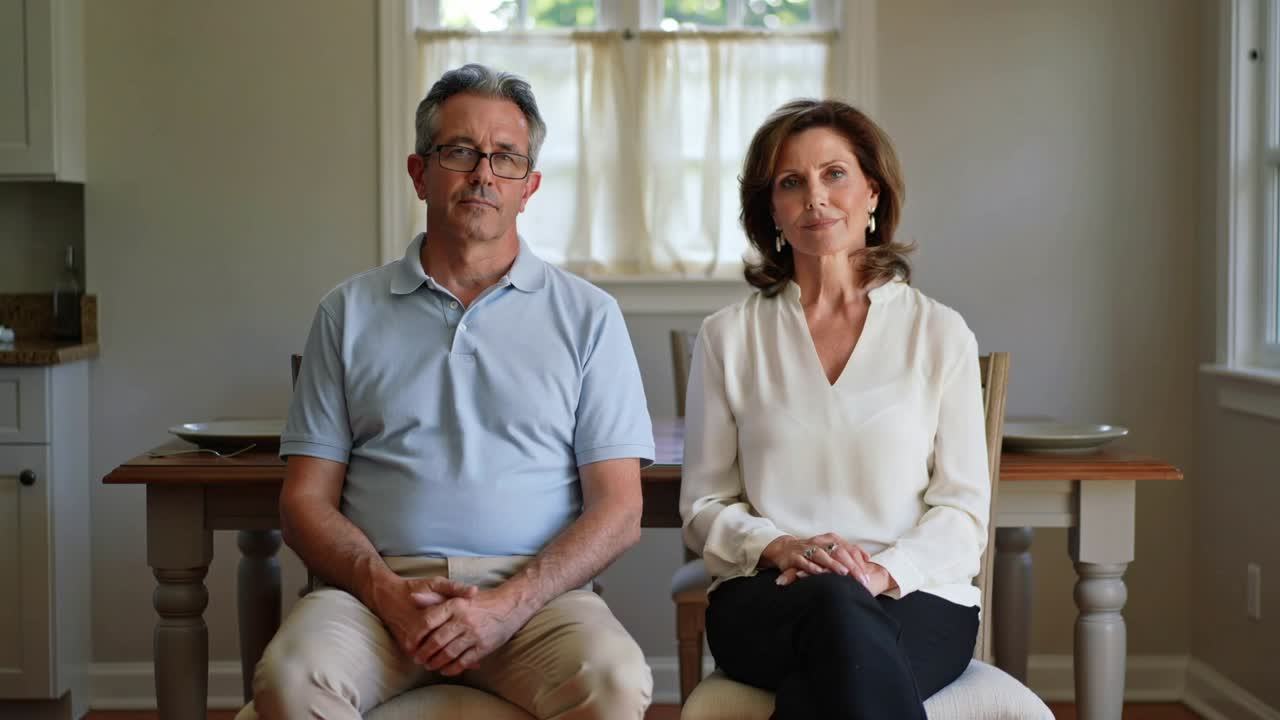 Sitting mature couple holding composed posture at dining table, responding to camera recording