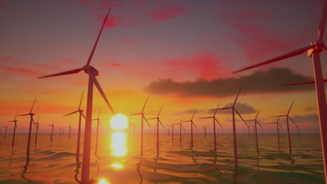 windmill park in the sea. view of windmill turbines generating green energy electric at sunset