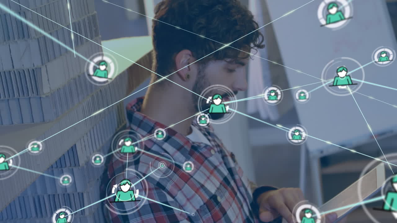 animación de la red de conexiones sobre el empresario caucásico en el cargo