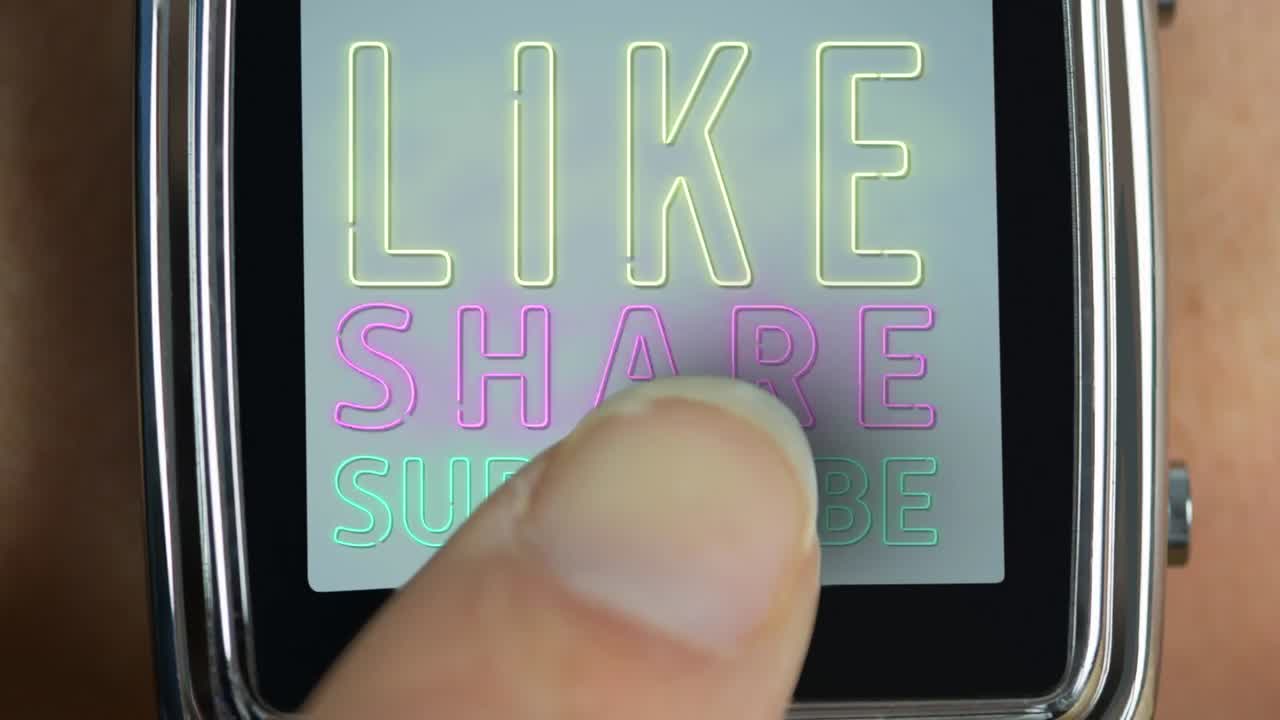 animación de un dedo presionando un botón con palabras como, compartir, suscribirse