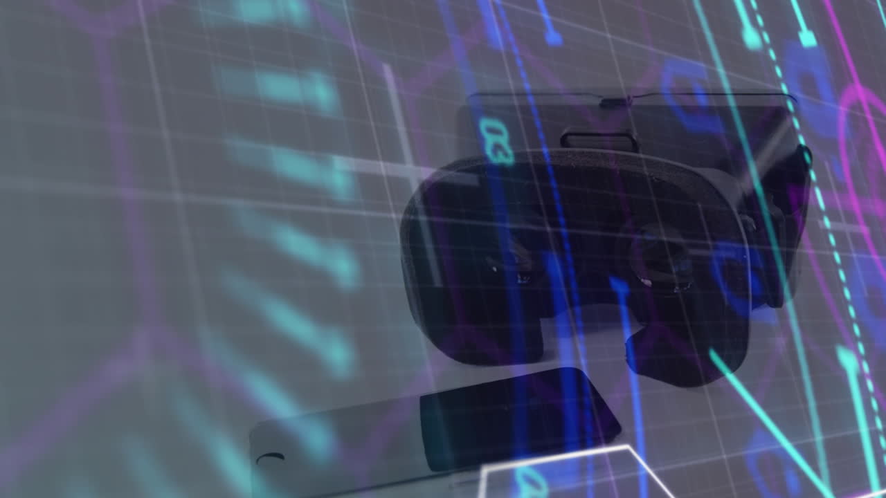 스마트 폰과 vr 헤드 ⁇ 에 대한 네온 스 ⁇  스캐너에 대한 빛의 흔적  ⁇  표면