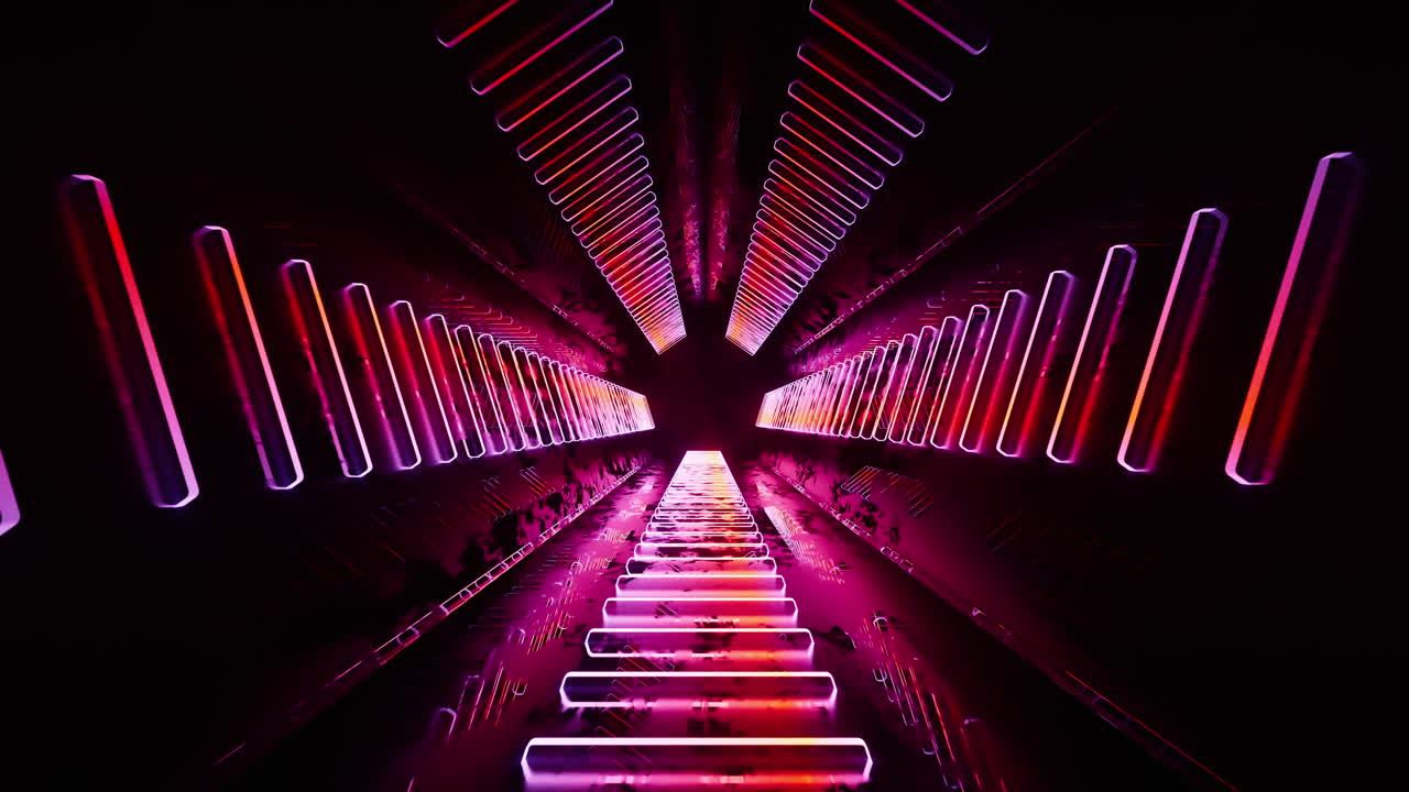 tunnel scuro con linee di neon luminose, rendering 3d.