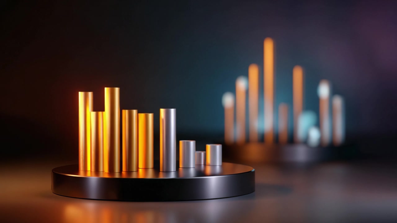 Colorful Audio Visualizations with Cylindrical Bar Graphs Displaying Data Trends in a Modern, Abstract Visualization Scene with Dynamic Lighting Effects