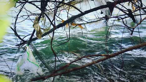 redes fantasma y bolsas de plástico atrapadas en ramas colgantes en el mar que muestran los efectos devastadores de la contaminación en el medio ambiente
