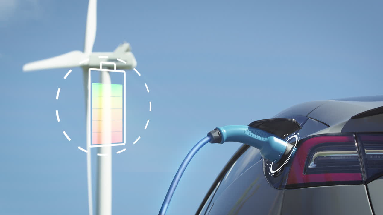 MOTION GRAPHICS ENHANCED - A generic electric car charges in front of a wind turbine