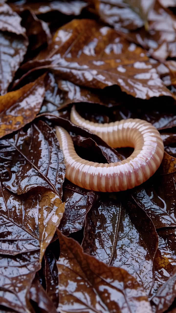 Earthworm on Wet Autumn Leaves