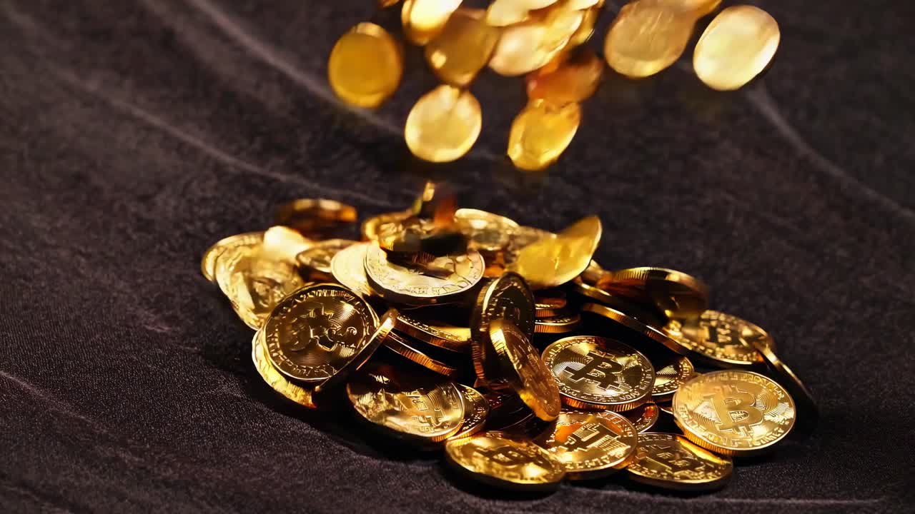 비트코인 동전이 어리 위에 떨어집니다.