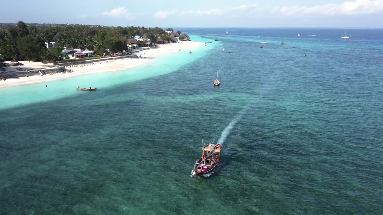 Aerial View of Tropical Beach with Boats and Clear Turquoise Water