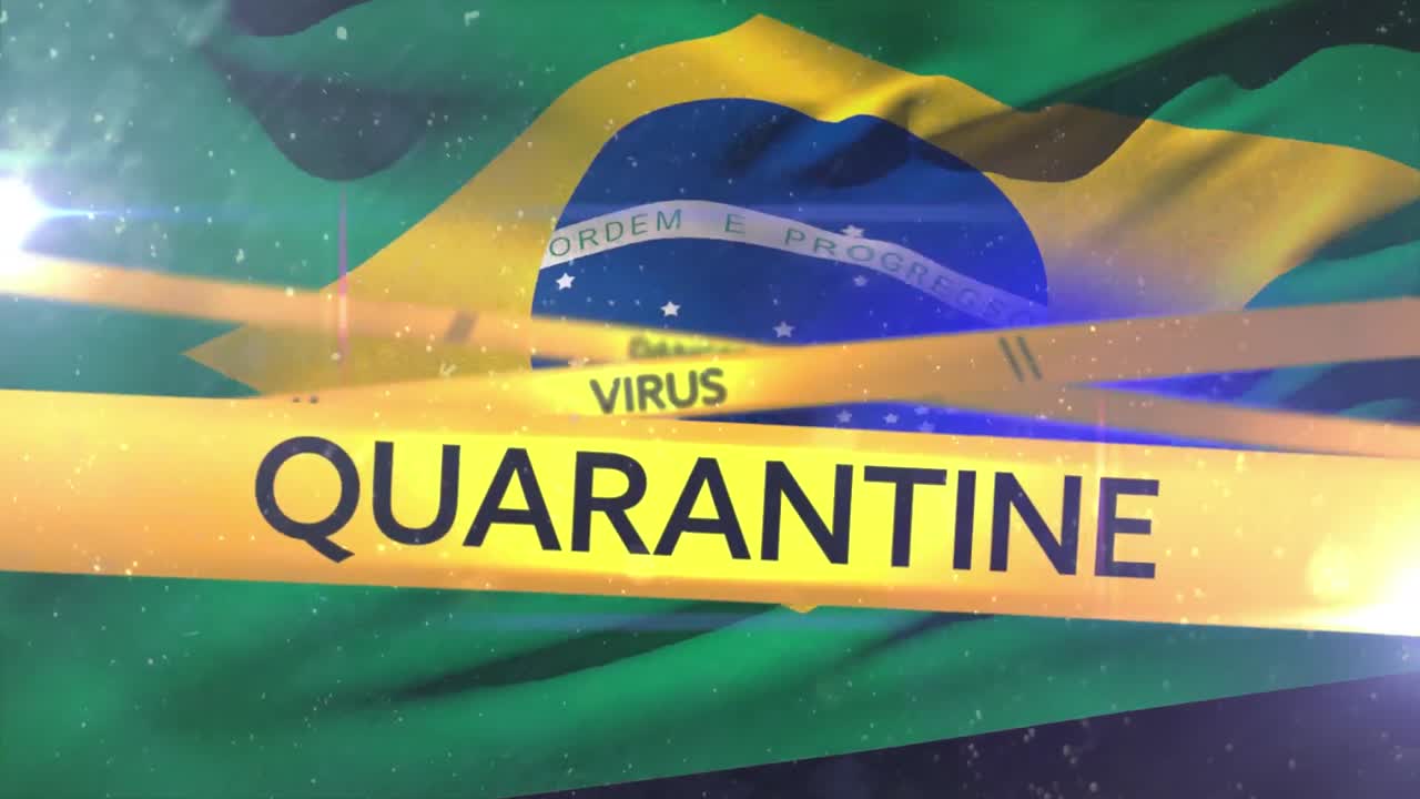 브라질 발 위에 노란색 테이프에 쓰여진 위험, 격리 및 바이러스라는 단어의 애니메이션.