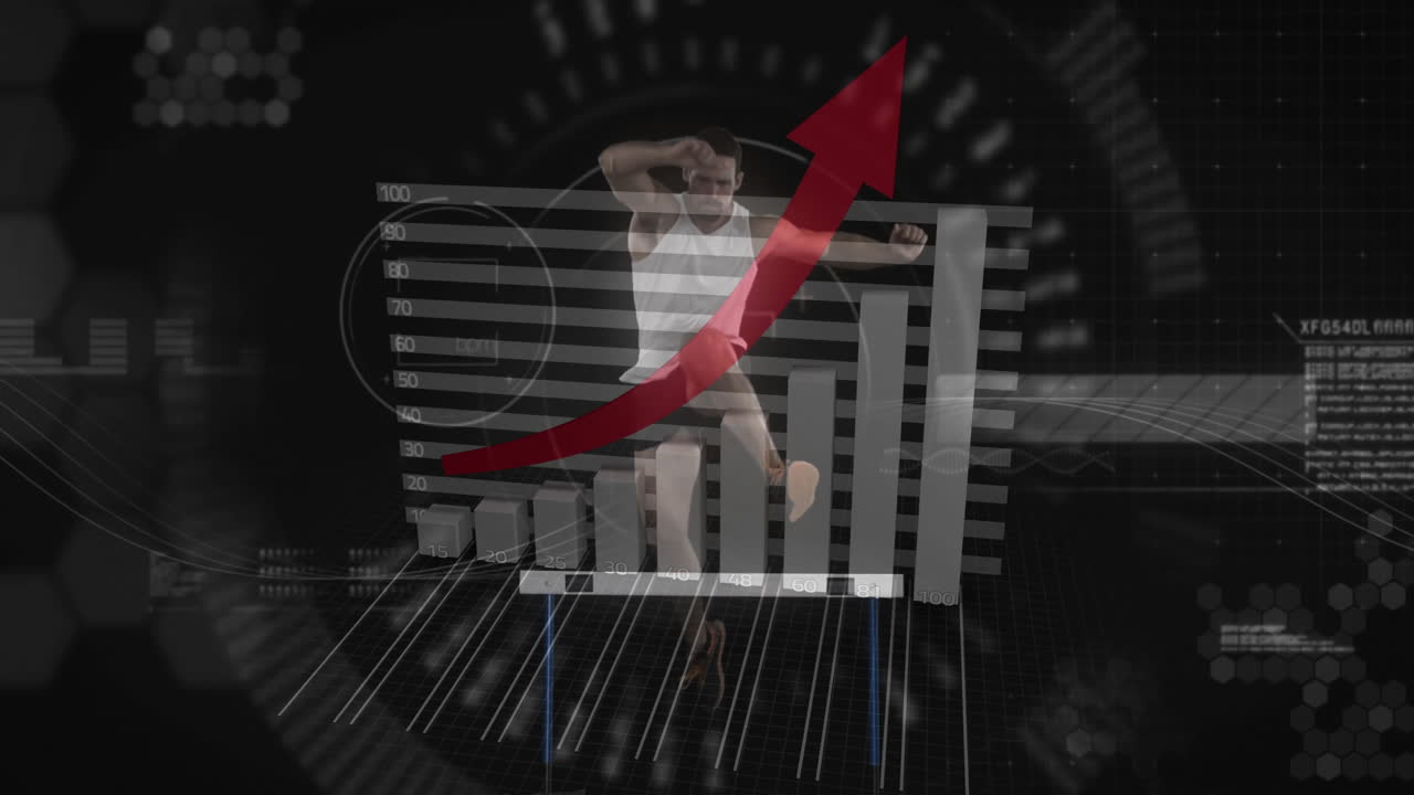Athlete performing over bar graph with upward red arrow animation