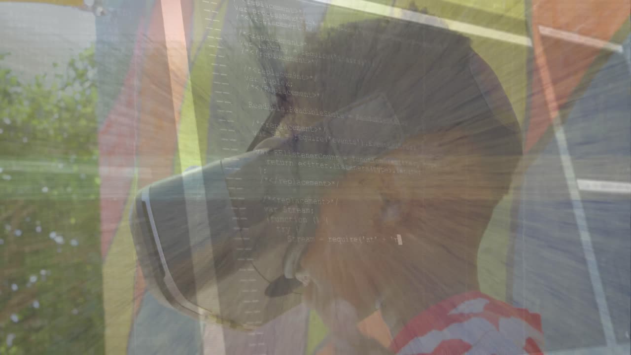 animación del procesamiento de datos en la red con glitch y niño usando auriculares vr