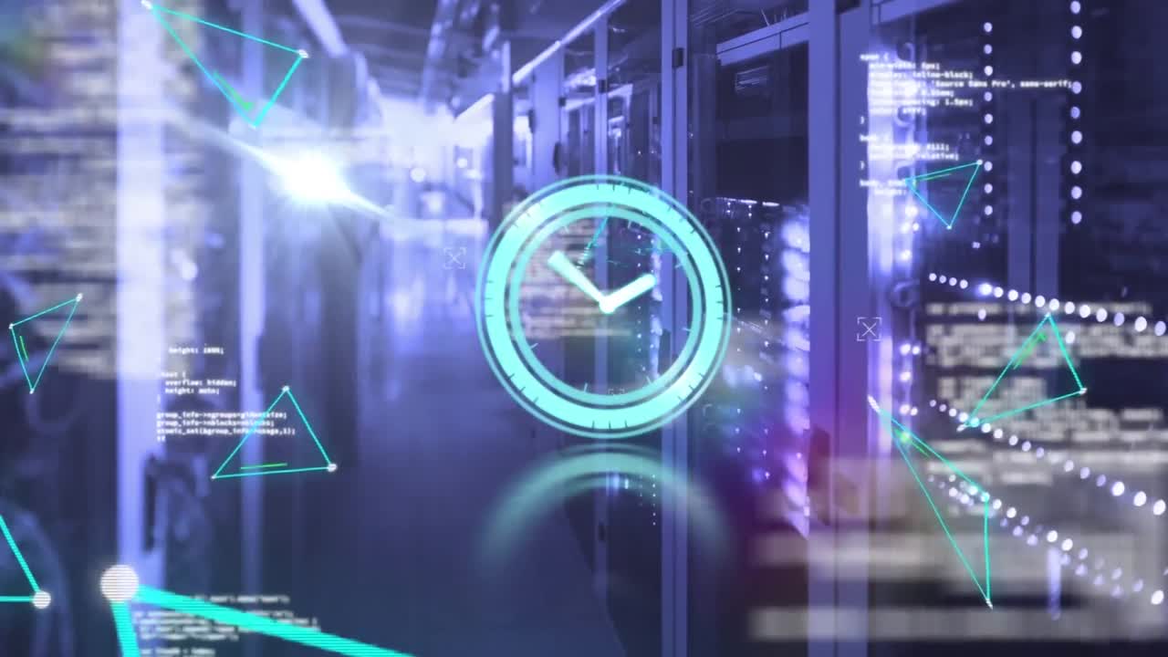 Animation of neon ticking clock, plexus networks and data processing against computer server room