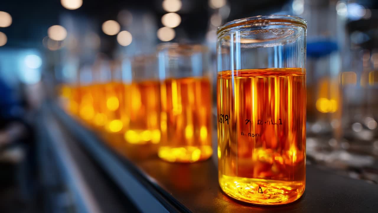 A Series of Transparent Beakers Filled with Glimmering Orange Liquid Against a Softly Lit Laboratory Background, Showcasing Scientific Experimentation and Color Contrast
