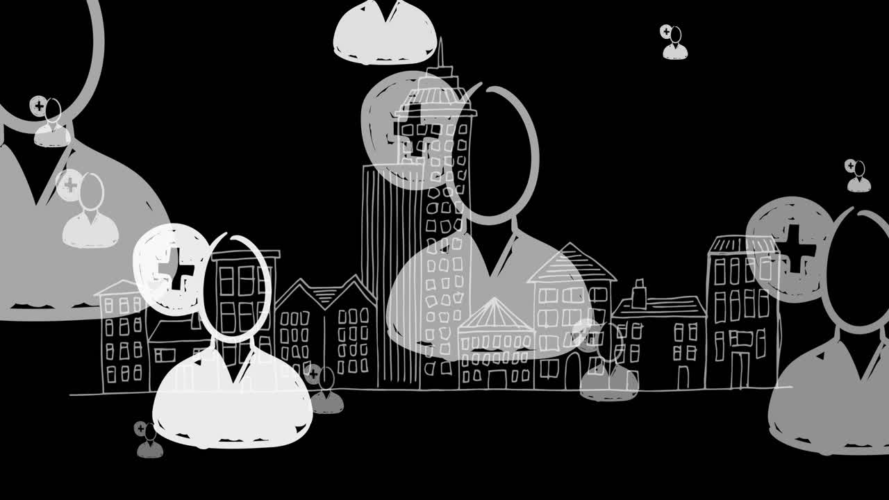 검은 바탕에 도시 풍경 위를 날아다니는 소셜 미디어 아이콘의 비디오