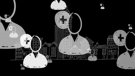video of social media icons flying over cityscape on black background