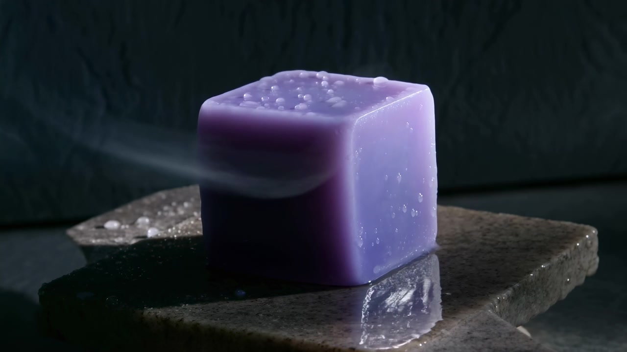 Un cubo di sapone viola poggia su una superficie di pietra bagnata e texturizzata con piccole bolle sulla parte superiore, mostrato contro uno sfondo scuro e sfocato in una luce soffusa e suggestiva.
