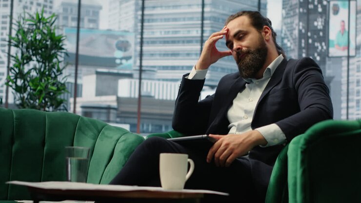 Vertical Video Hopeless male CEO sighing in dissatisfaction due to business crisis