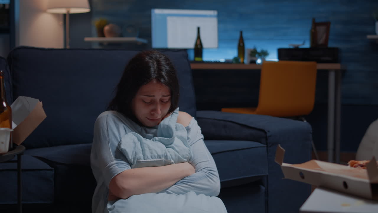 Stressed, depressed woman crying sitting in dirty room