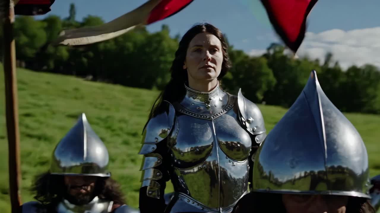 A cinematic video still of a knight in shining armor, captured from a low angle